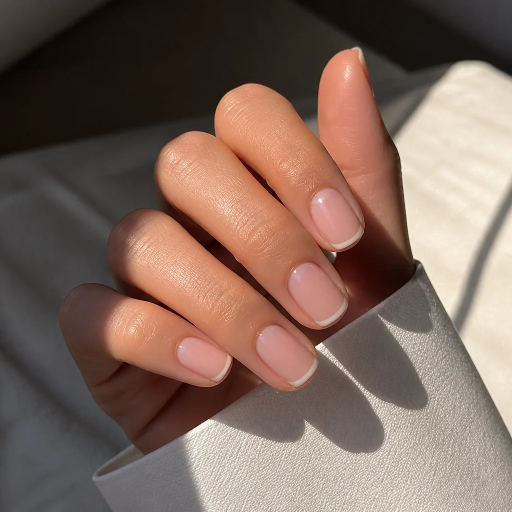 Unghie corte lucide con base rosa trasparente e micro French bianche sottilissime