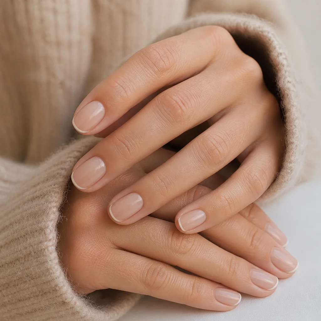 Unghie nude naturali con micro tips color panna tenue in luce soffusa
