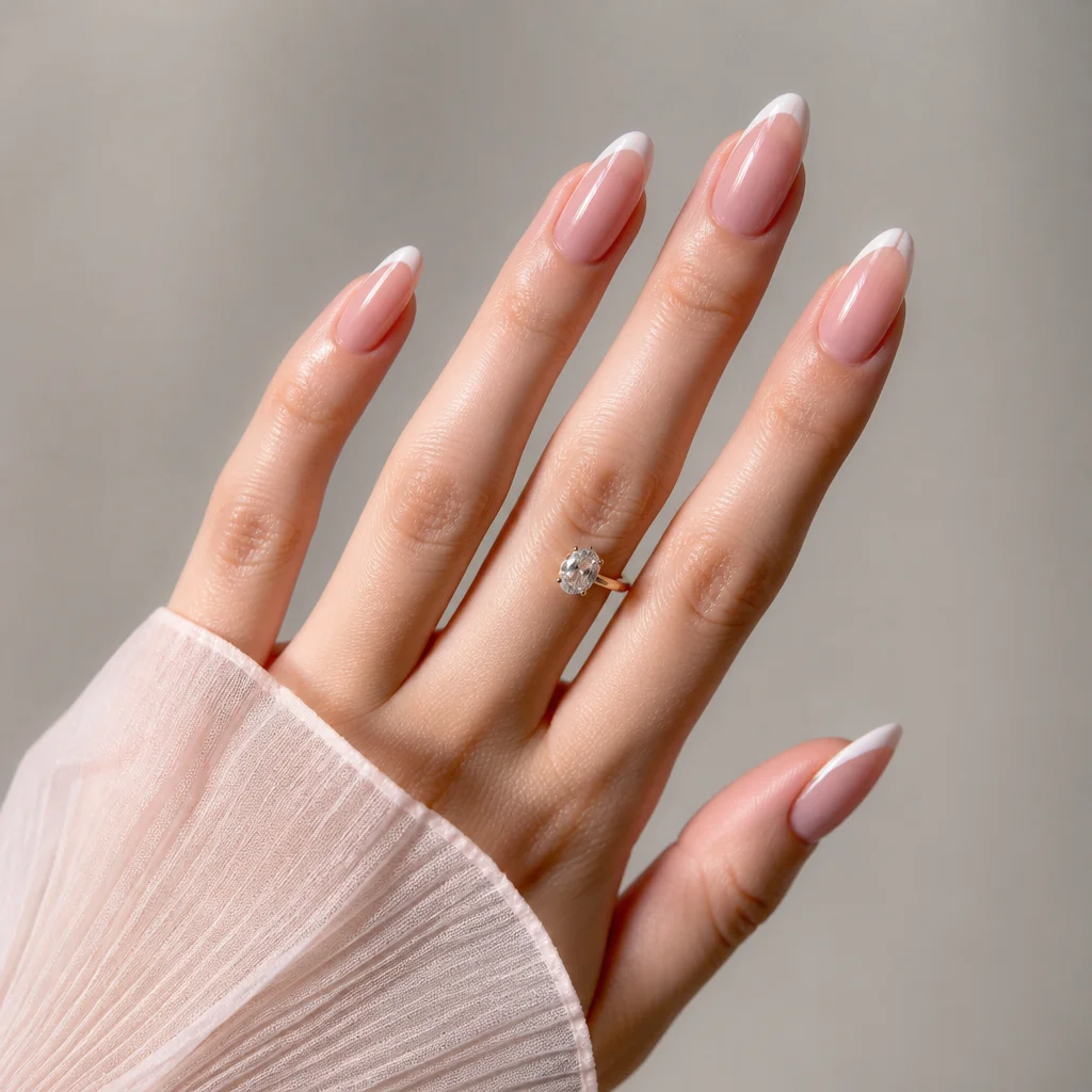 Unghie a mandorla con side tips French bianche diagonali e base rosata lucida