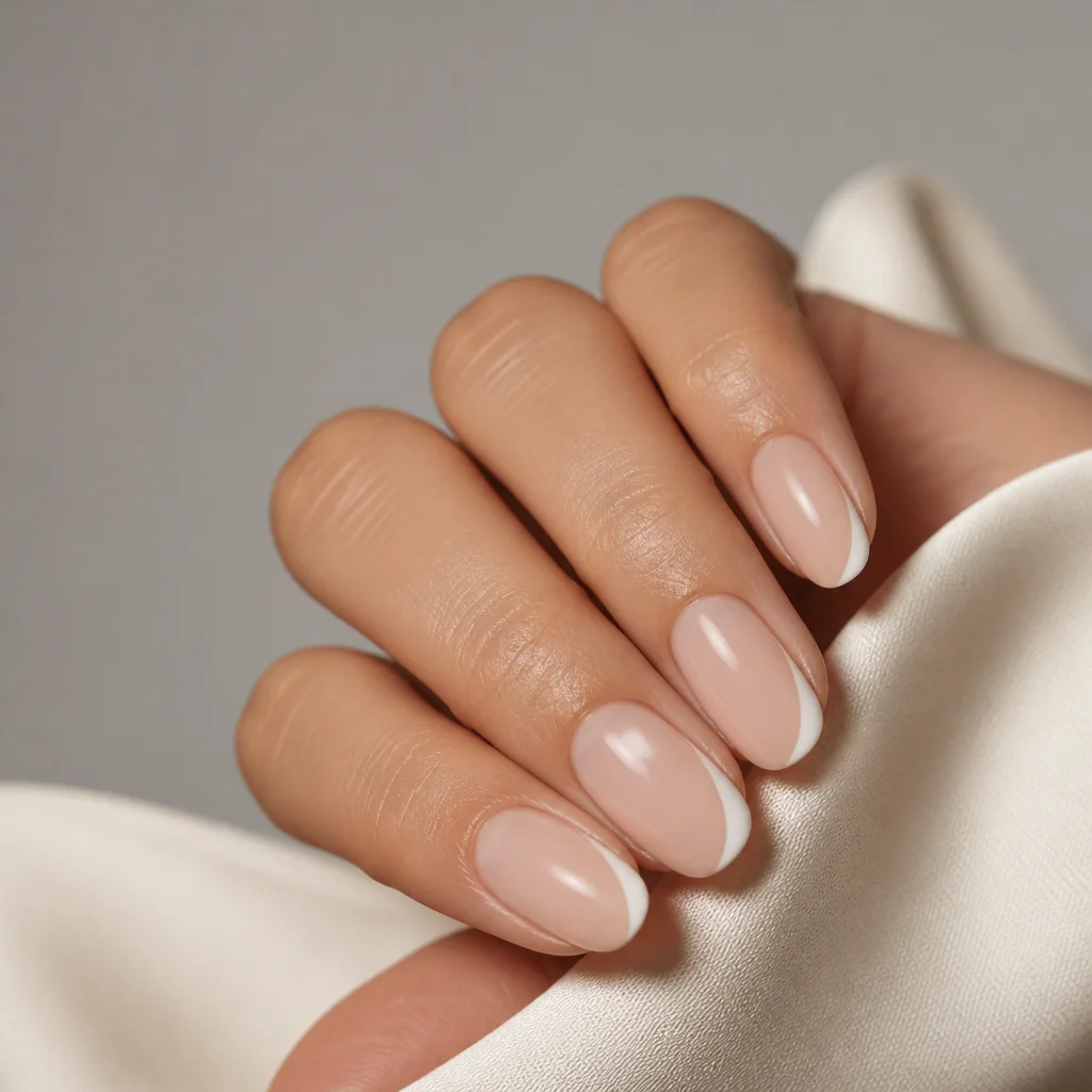 Unghie ovali nude con side tips d’angolo asimmetriche in stile minimal elegante