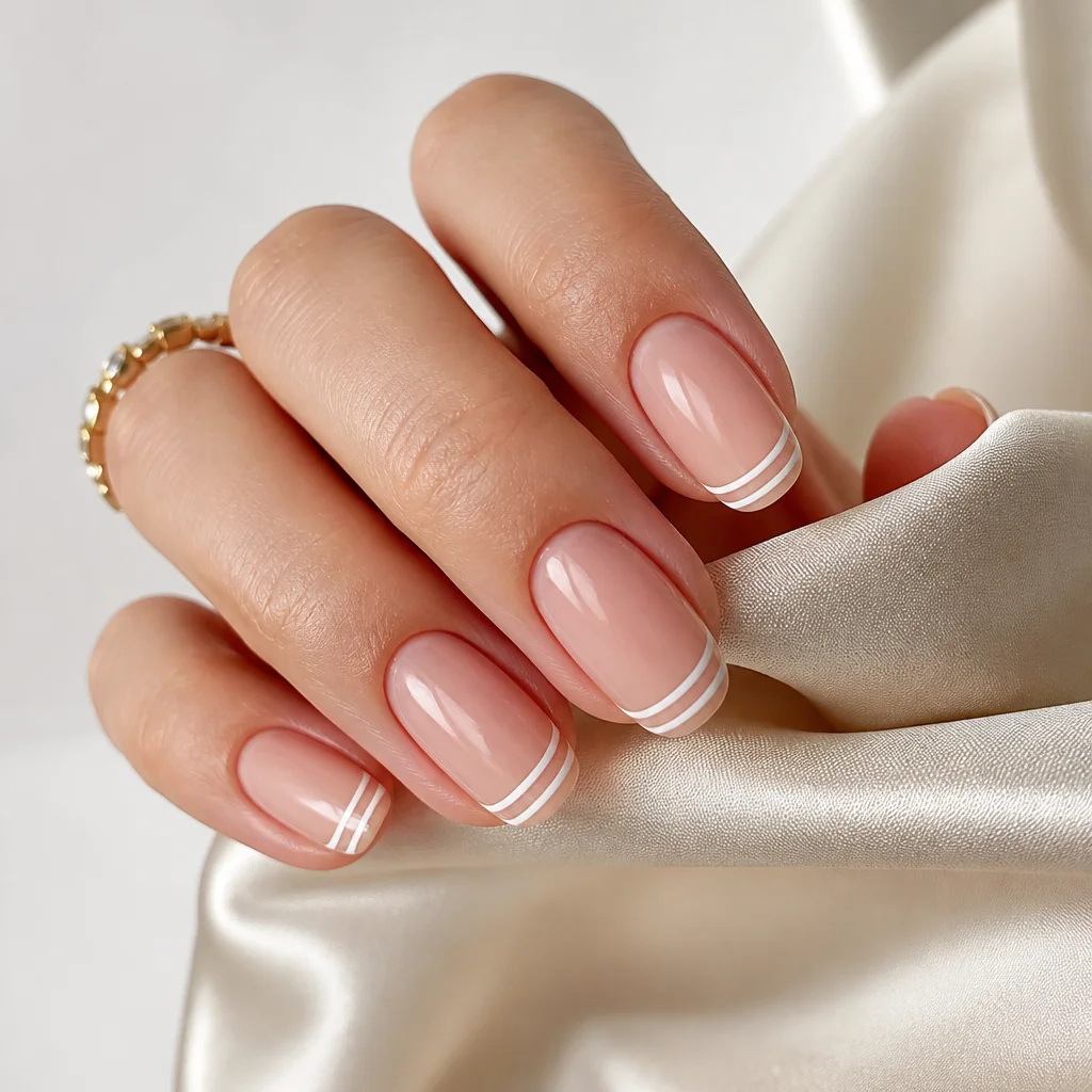 Unghie neutre lucide con doppie linee French bianche precise vicino alle punte