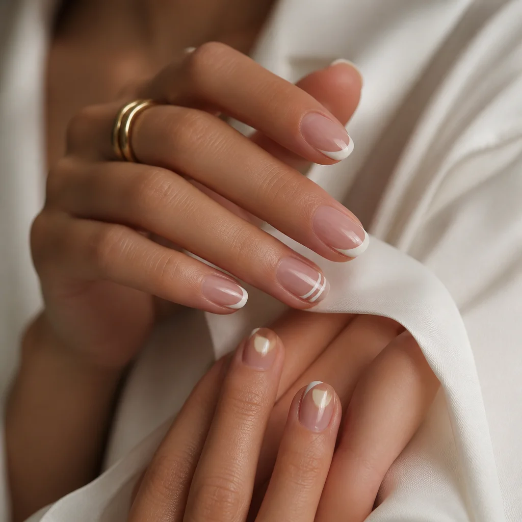 Manicure minimale con micro French e unghie accento a doppia linea