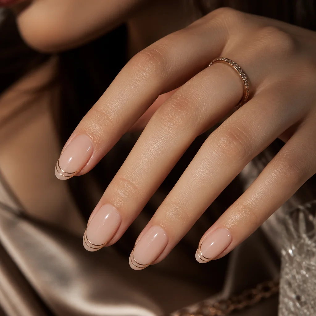 Unghie nude trasparenti con sottili doppie linee French metalliche che riflettono la luce