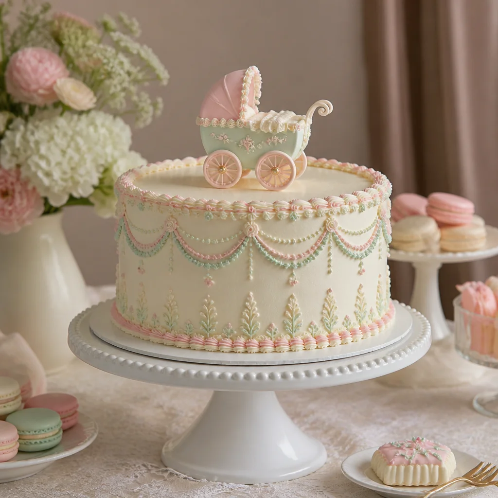 Verspielte Kinderwagen-Babyshower-Torte mit feiner Spritzdeko und pastelligen Verzierungen