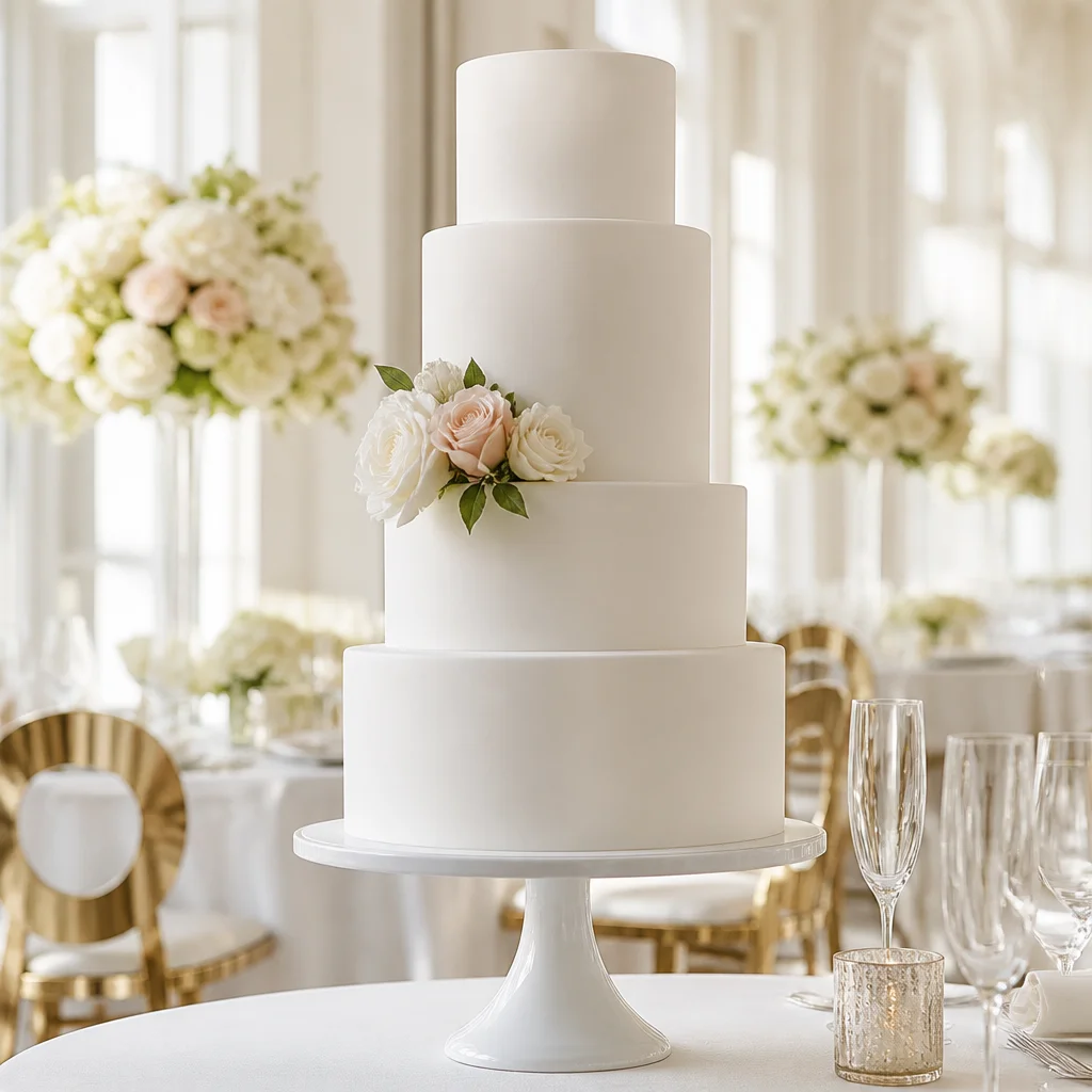 Elegant white round tiered wedding cake with smooth finish and minimal floral accents on a refined pedestal