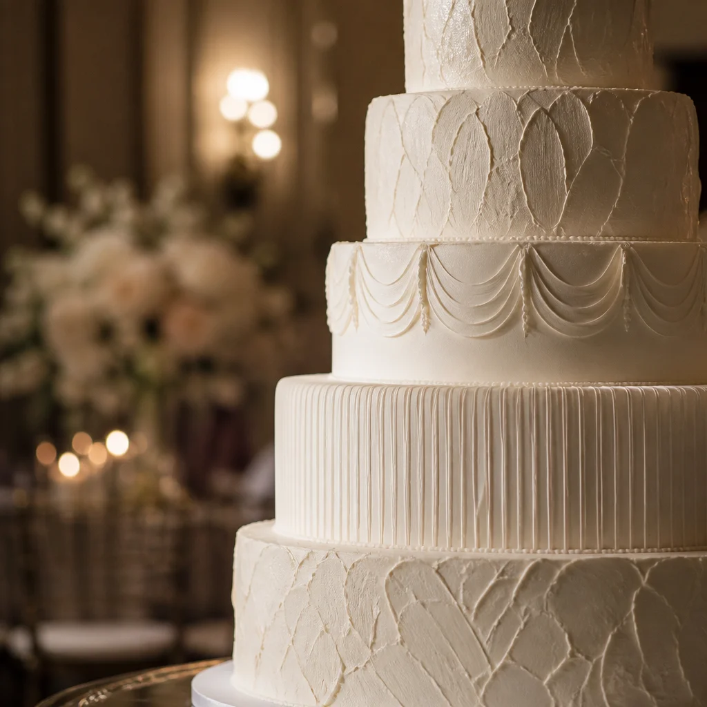 Monochrome ivory wedding cake with layered texture and tonal detailing photographed in soft natural light