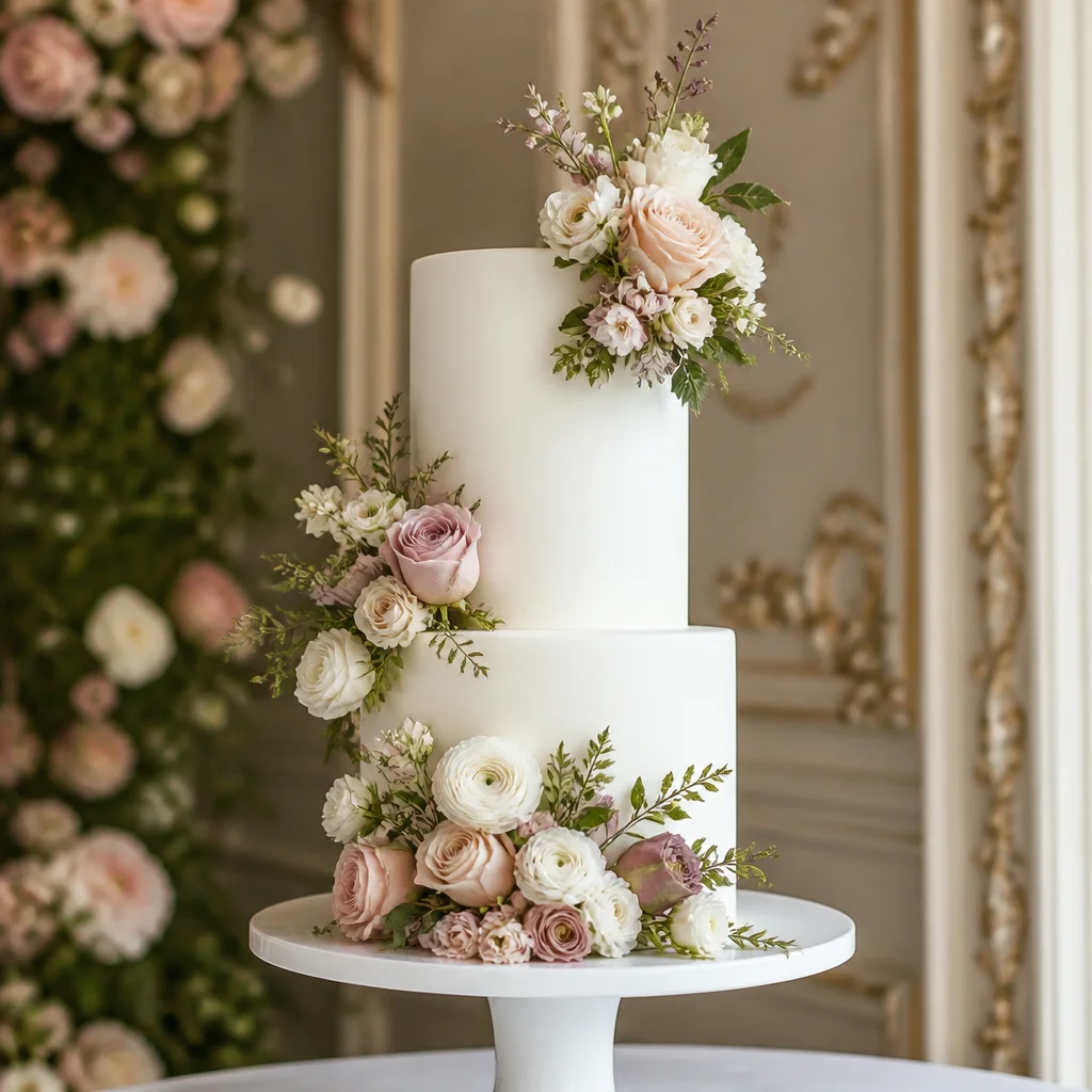 Classic wedding cake with asymmetrical fresh flower arrangement and clean undecorated tiers