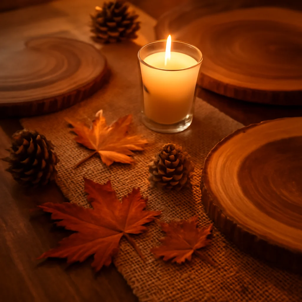 Close-up of rustic party decor with burlap runner and fall leaves