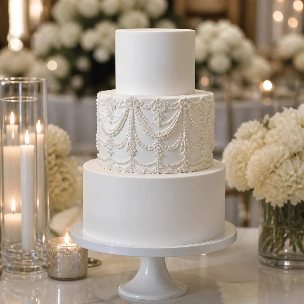 White wedding cake featuring vintage-inspired piping on one tier with sleek smooth tiers above and below