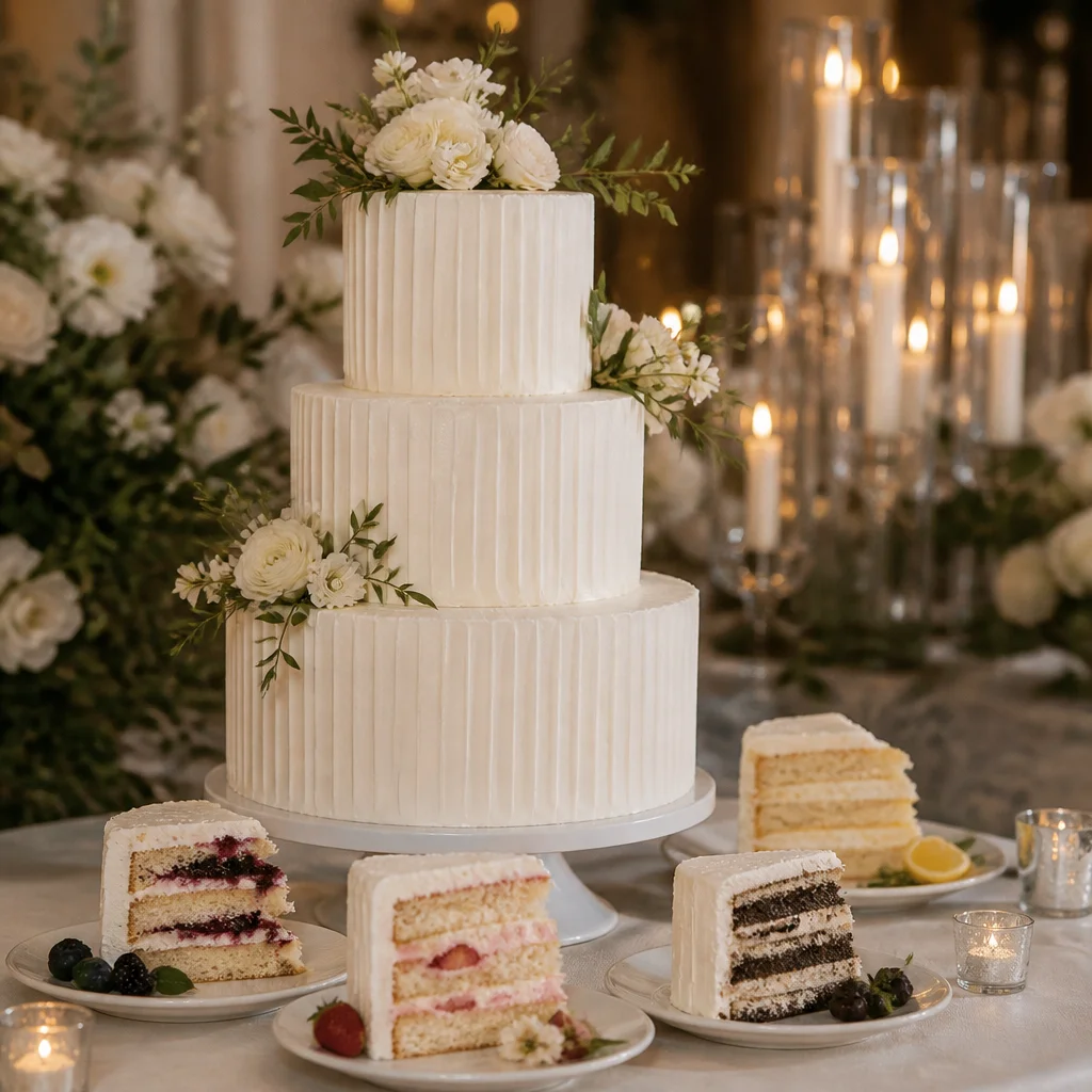 Ivory wedding cake slice display showing different seasonal flavor layers inside a formal tiered cake