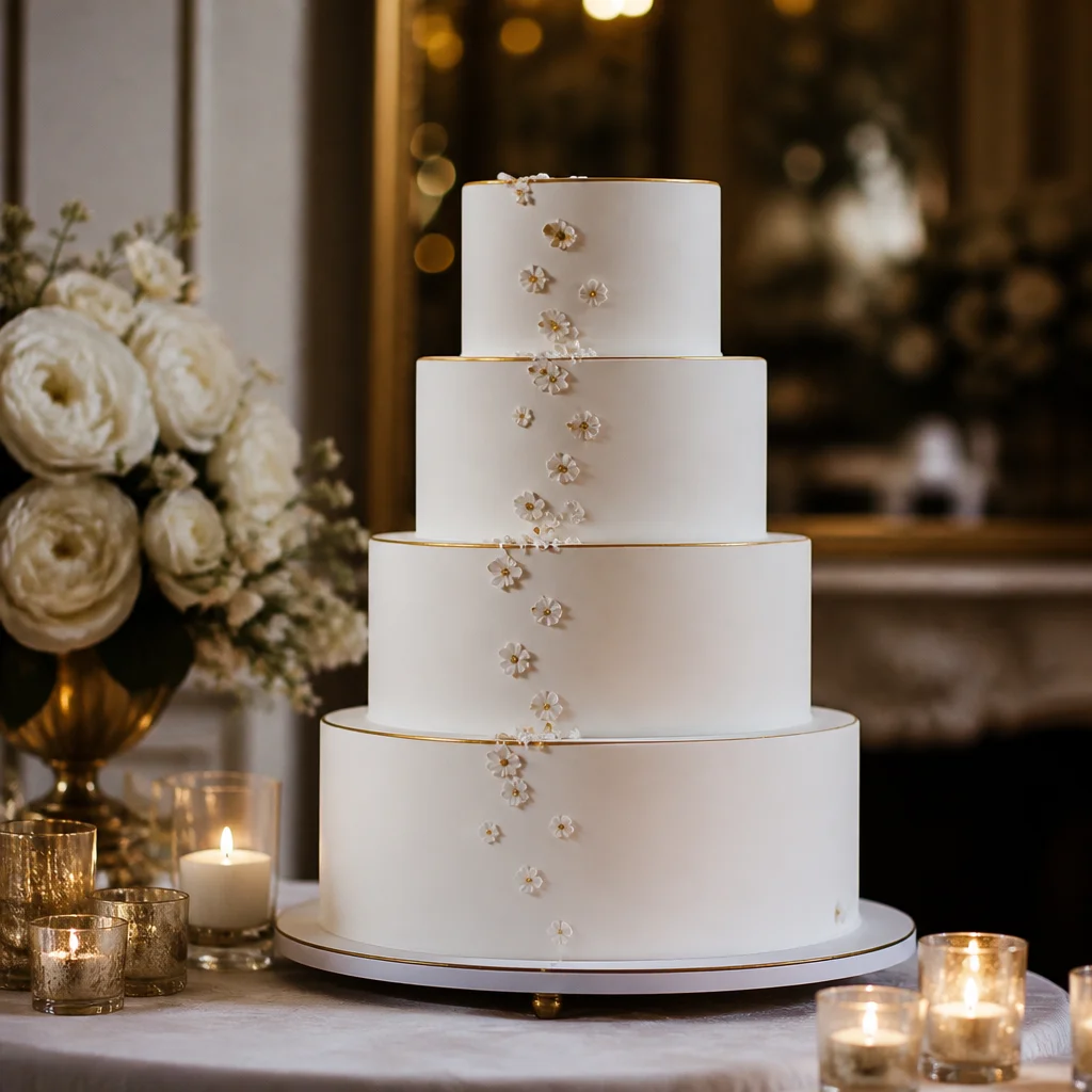 Classic wedding cake with subtle gold metallic detailing and refined candlelit styling