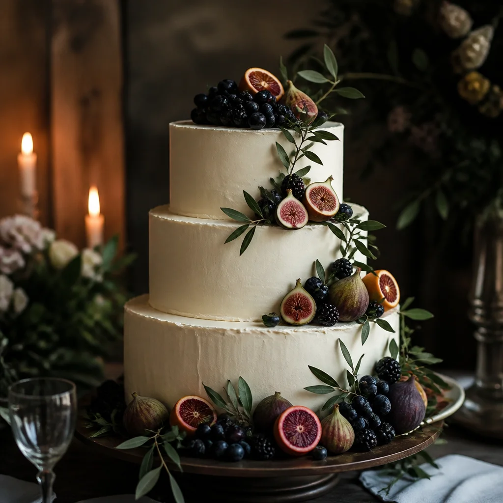 Elegant wedding cake decorated with clustered fresh figs, berries, and citrus in a restrained modern arrangement