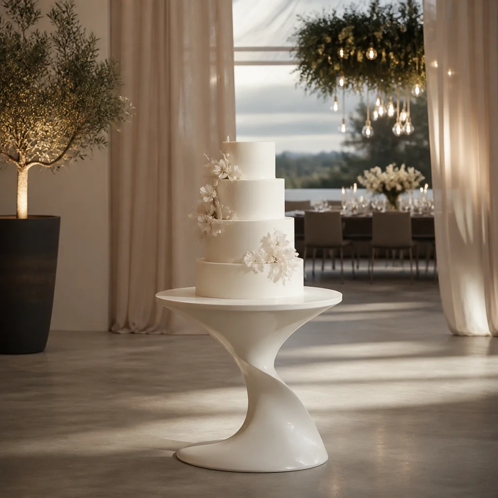 Traditional white wedding cake elevated on a contemporary sculptural stand in a stylish reception setting