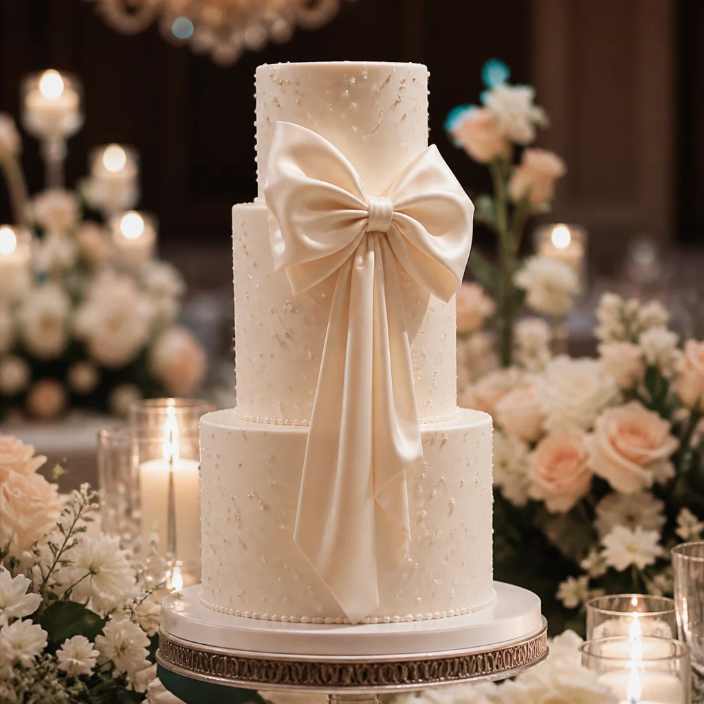 Smooth buttercream wedding cake with delicate sugar pearls and a single dramatic bow detail