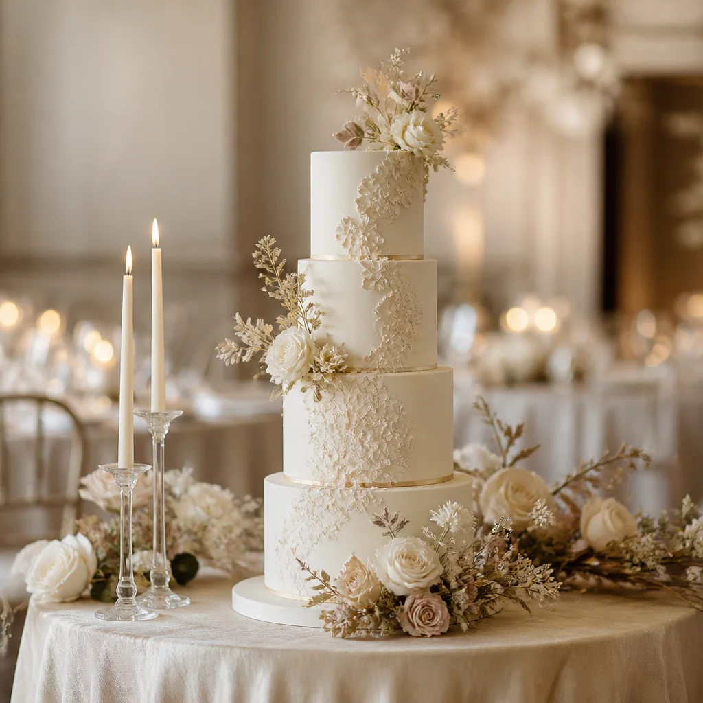 Neutral-toned wedding cake in soft seasonal shades styled with coordinated linens and flowers