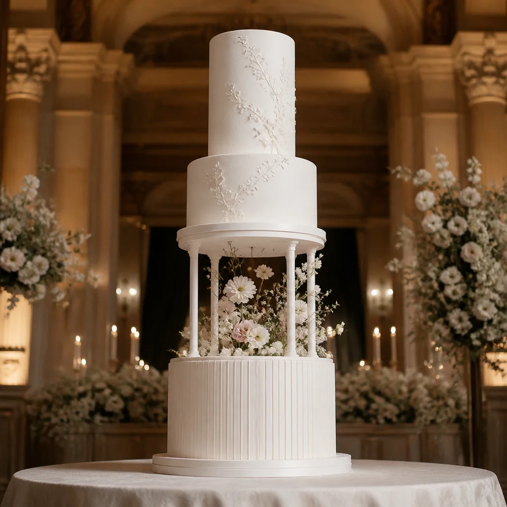 Tall formal wedding cake with an architectural separator tier creating airy negative space