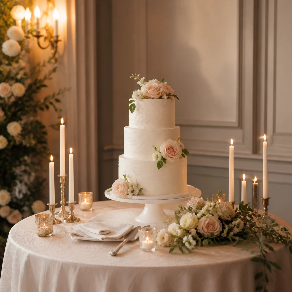 Timeless wedding cake table with candles, soft florals, and an uncluttered elegant backdrop
