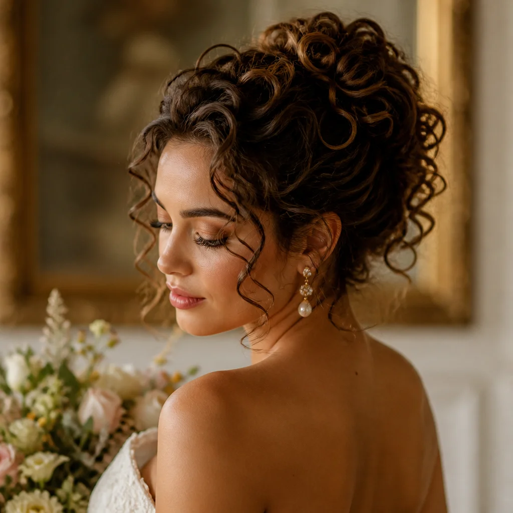 Romantic curly wedding updo with defined ringlets pinned into a soft formal shape