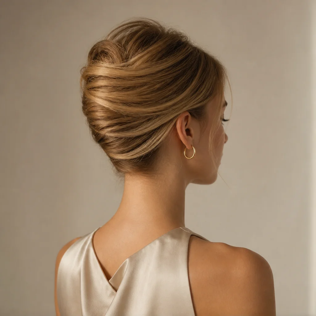 Modern French twist with subtle crown volume photographed from the back and side