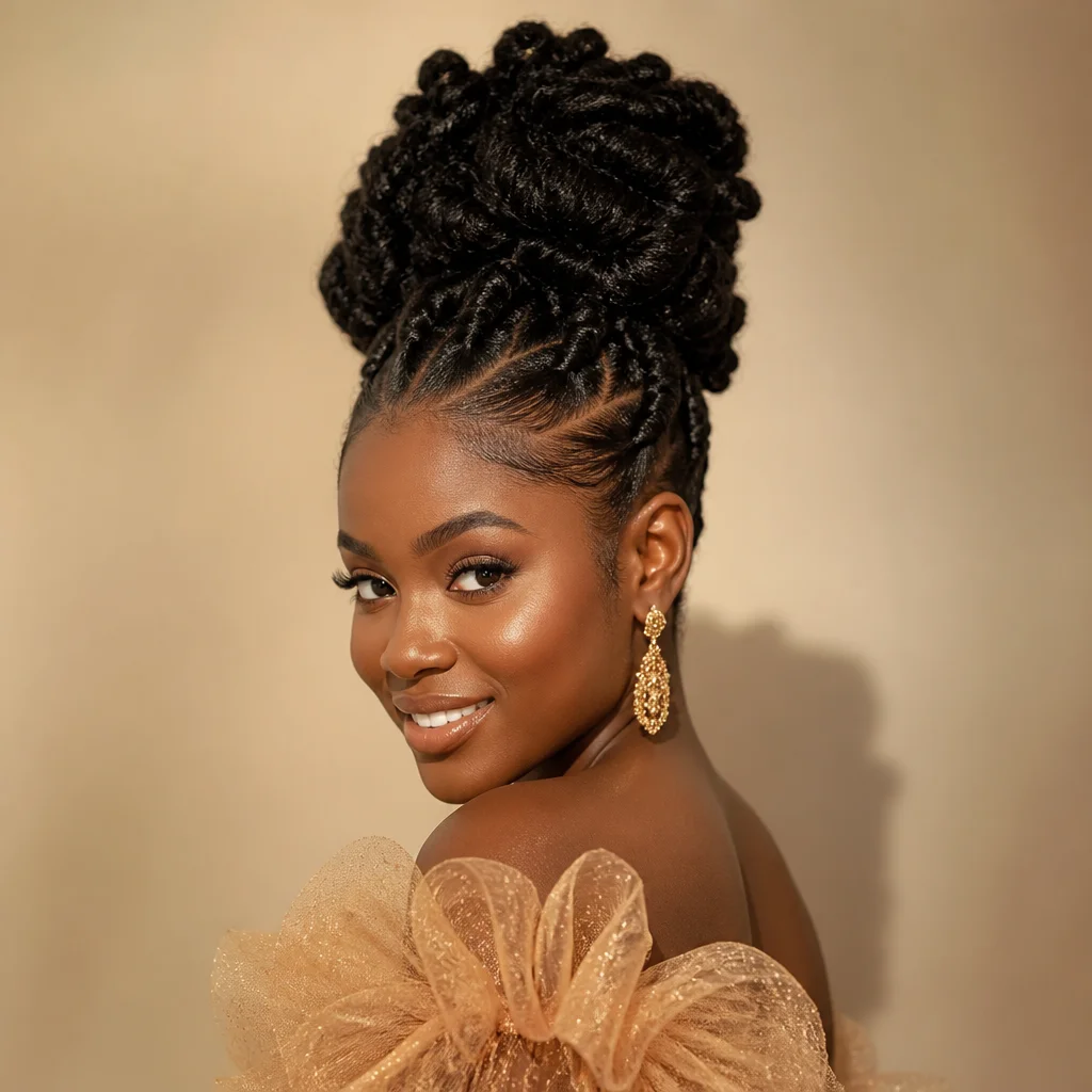 Natural coily crown updo arranged high with sculpted texture and elegant detail