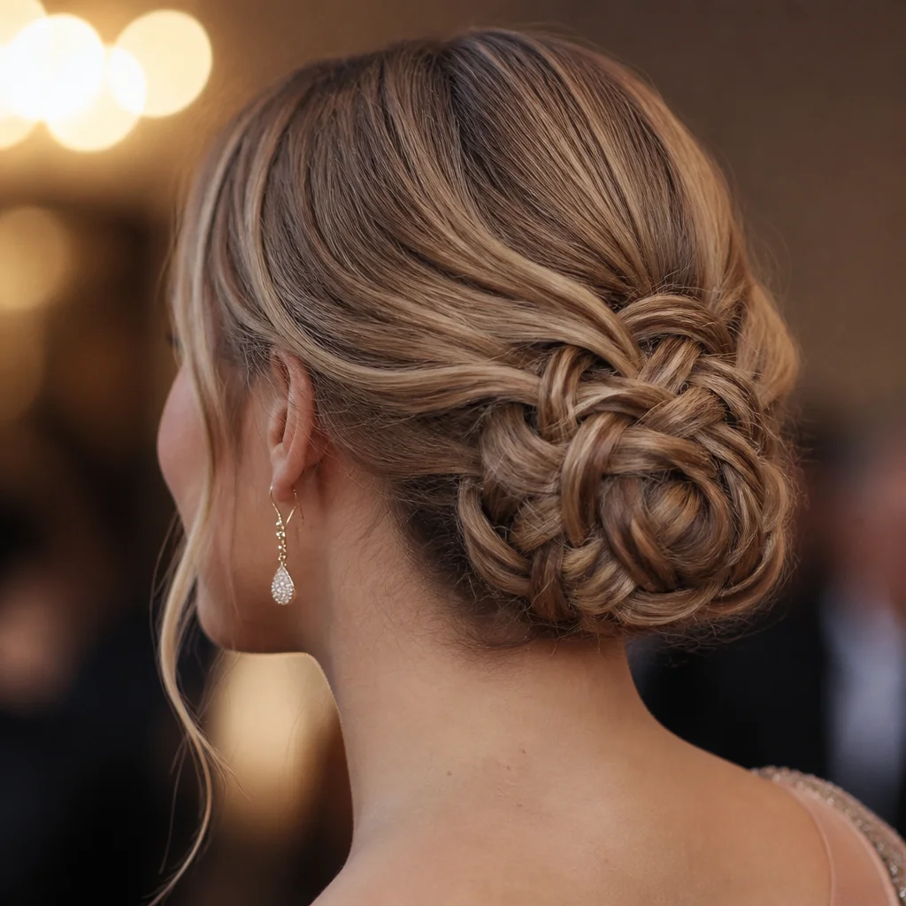 Detailed braided bun designed for long events shown in a refined close-up view