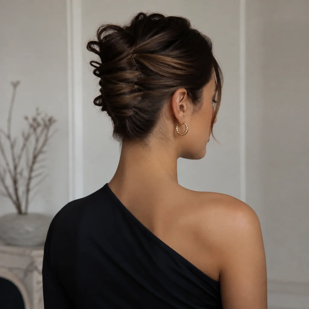 Short hair pinned into a faux updo with layered twists and textured volume