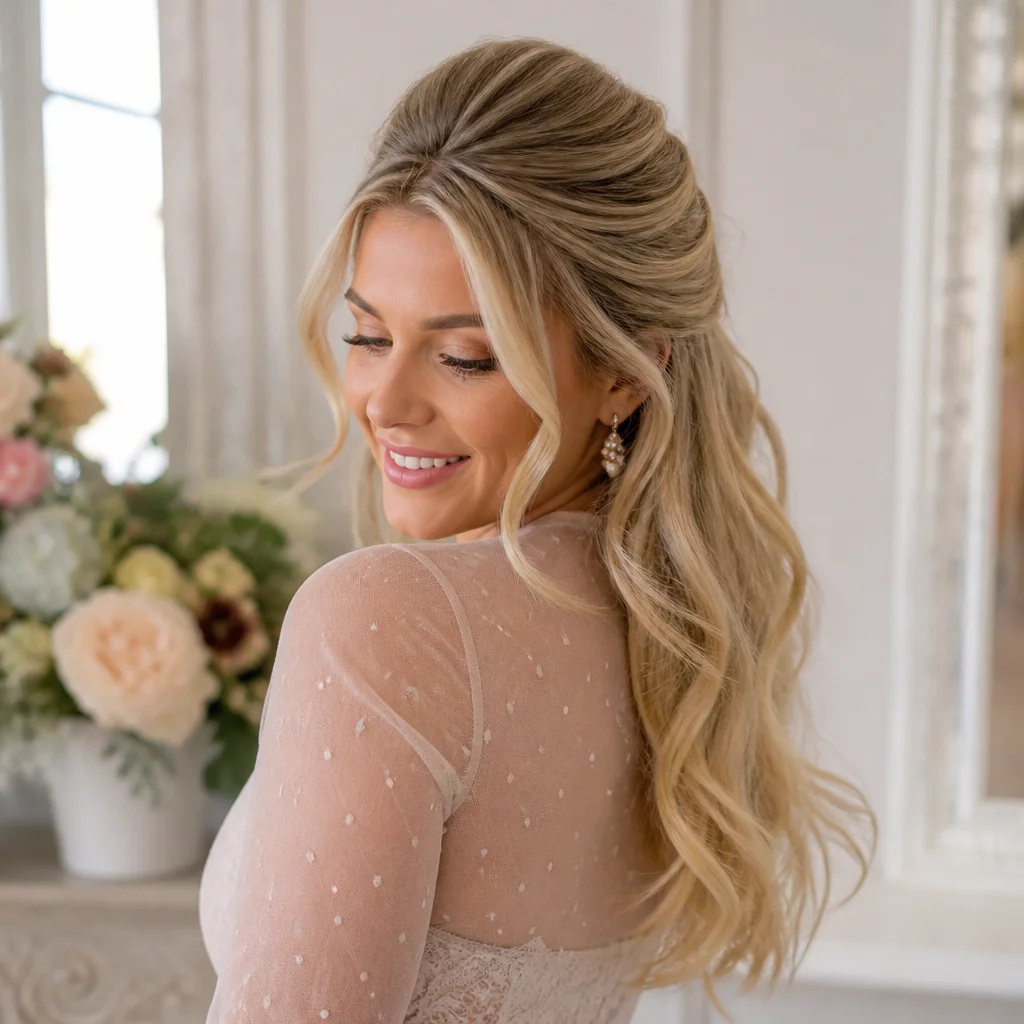 Half-up hairstyle with lifted crown and flowing waves down the back
