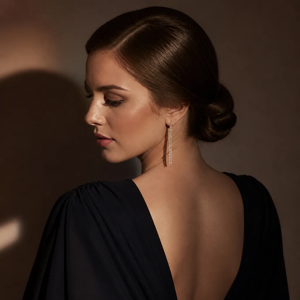 Glossy side-part low updo styled for an evening event with a sleek finish