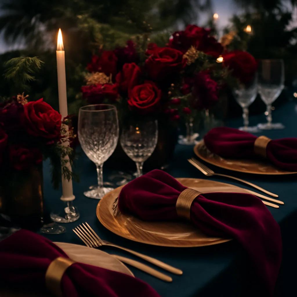 Elegant winter table with velvet napkins and silver accents