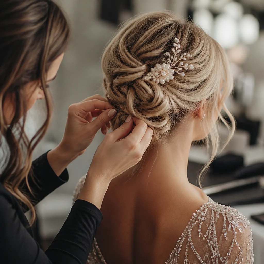 Stylist adjusting the final pins and smoothing details on a finished elegant updo
