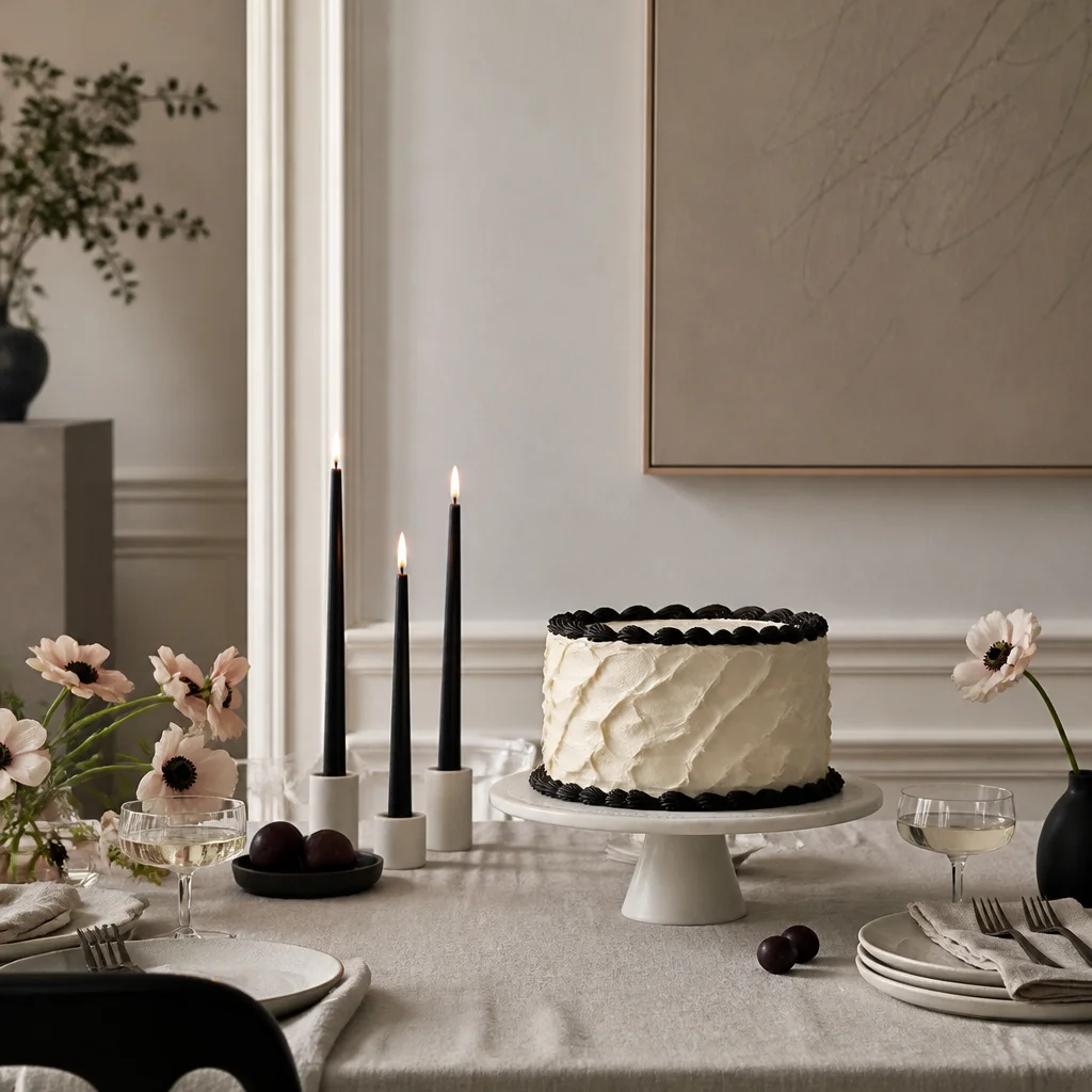 Monochrome birthday cake on a pedestal styled with candles and neutral table accents