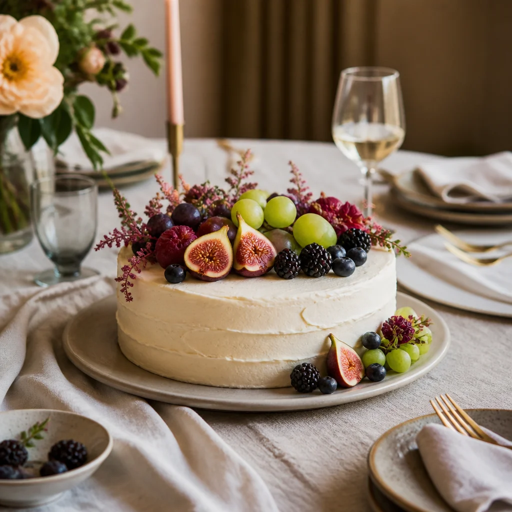 Elegant birthday cake topped with seasonal fruit on a softly styled dining table