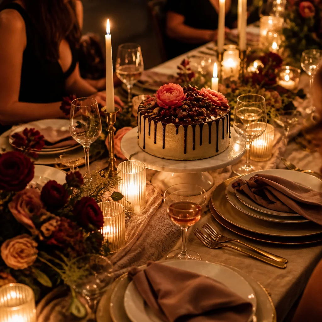Intimate adult birthday dinner table with layered place settings and a cake centerpiece
