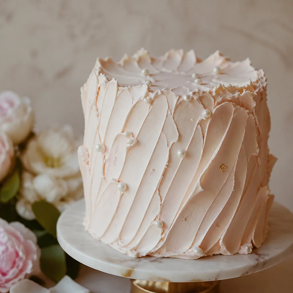 Close-up of a textured frosted birthday cake with modern minimal styling