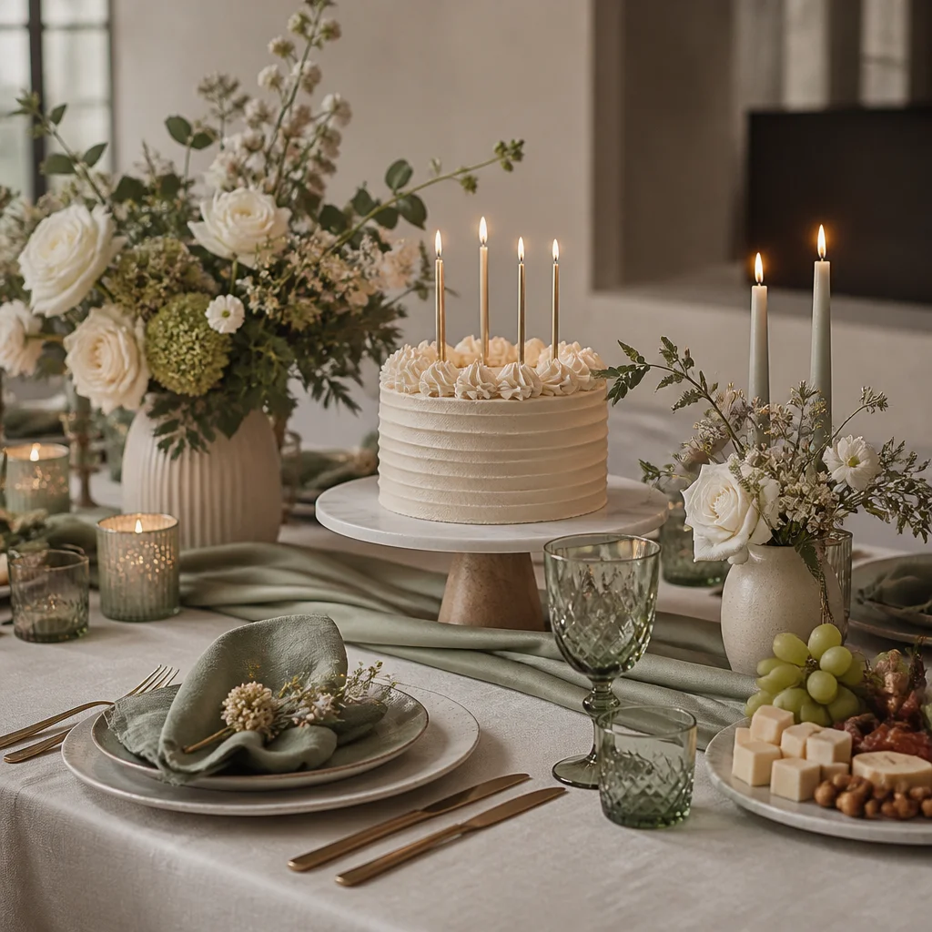 Adult birthday table styled in a coordinated muted color palette with matching cake