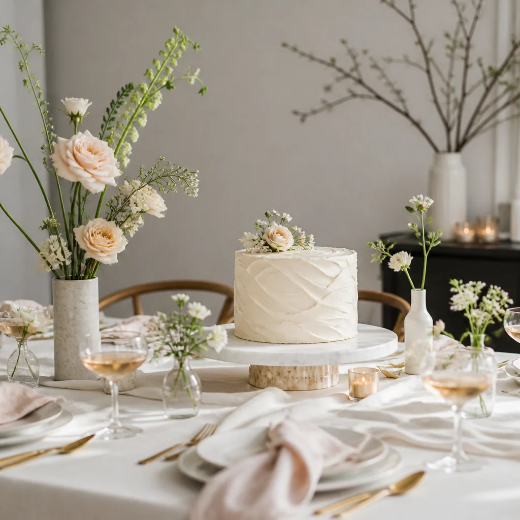 Minimal floral arrangement beside a chic birthday cake on a refined tablescape