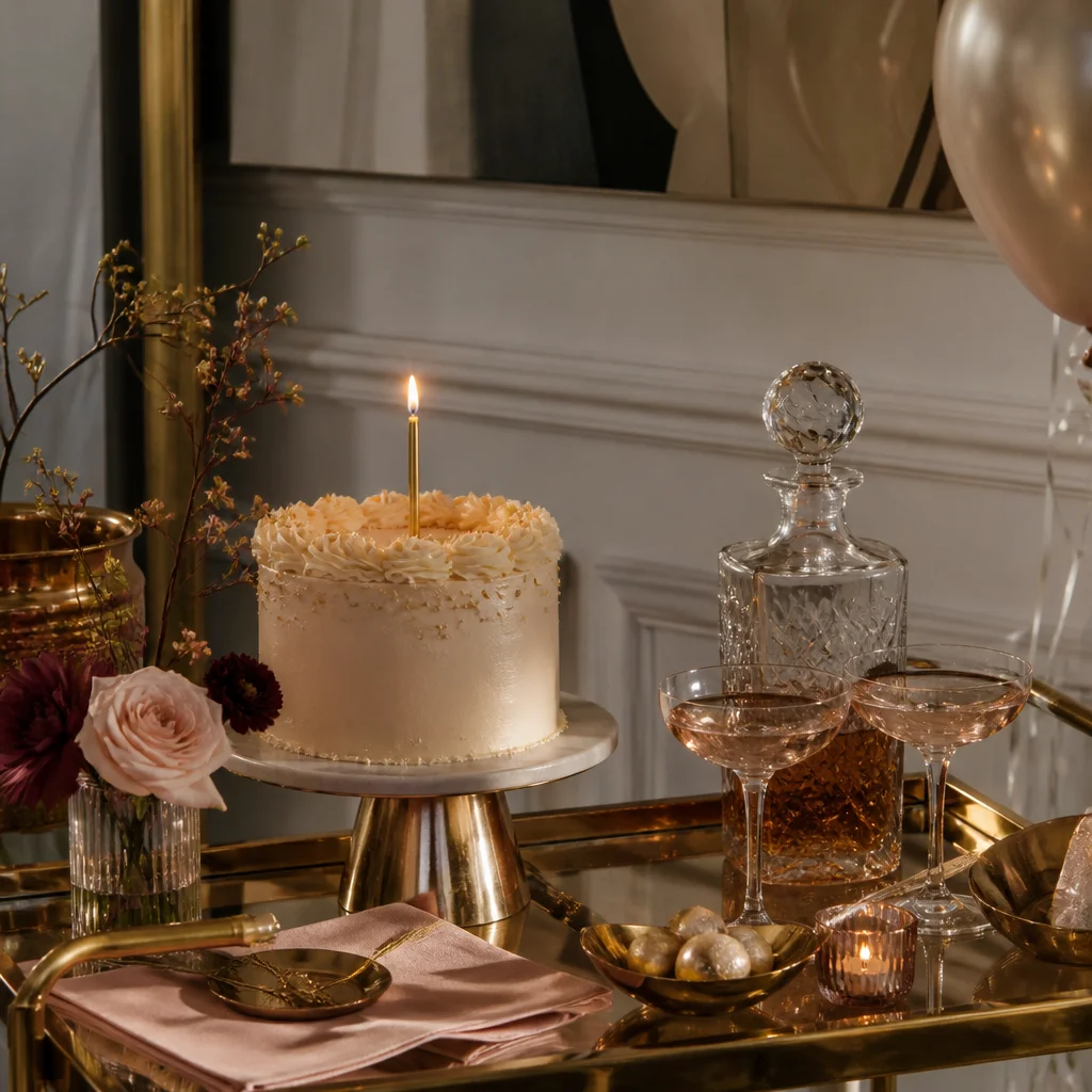 Birthday cake displayed on a stylish bar cart with glassware and candlelight