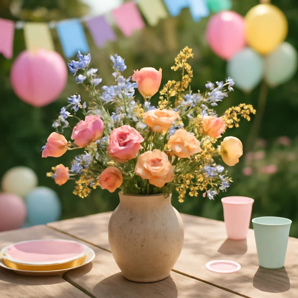 Spring floral arrangement on a wooden table with soft lighting
