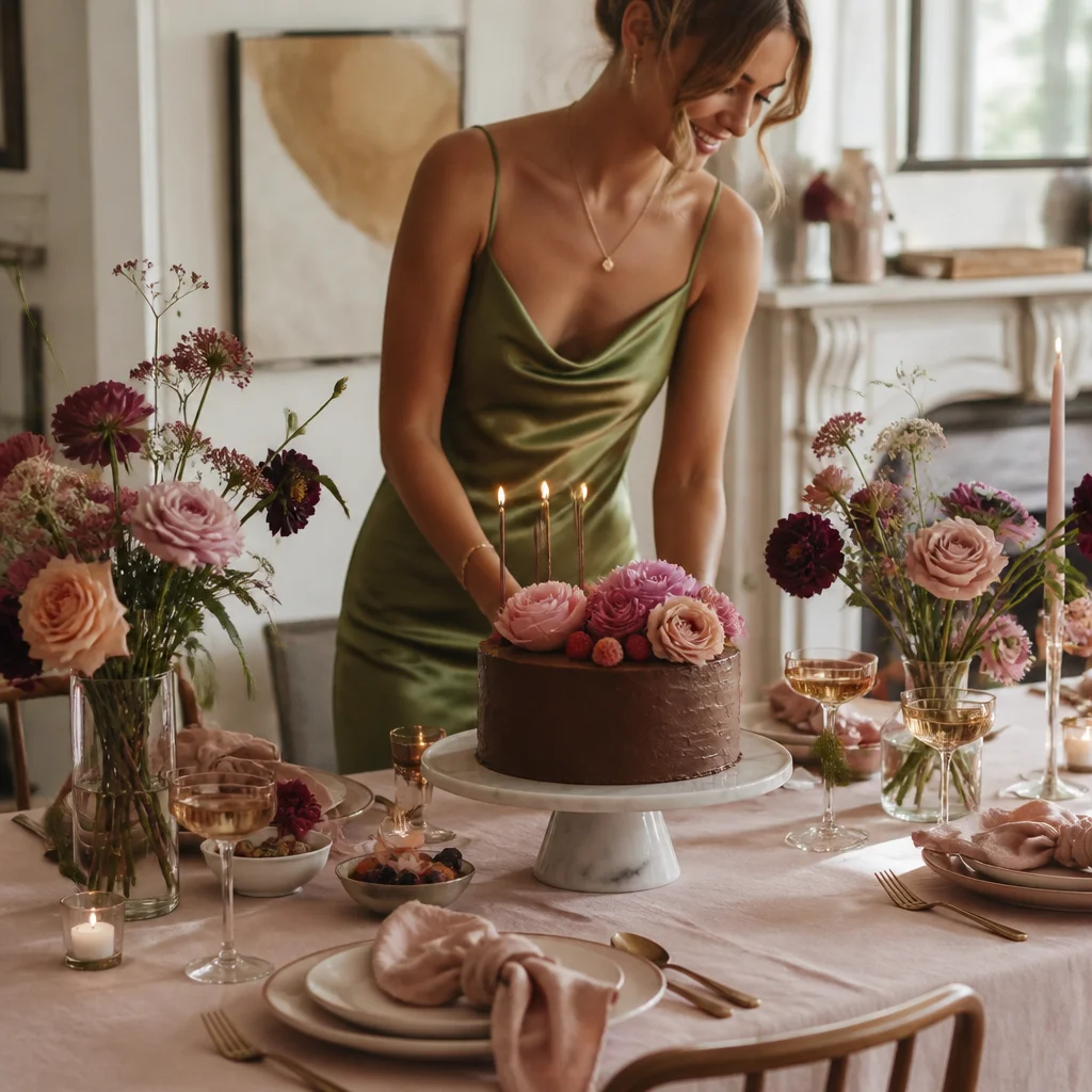 Personalized adult birthday table with subtle custom details and elegant cake styling