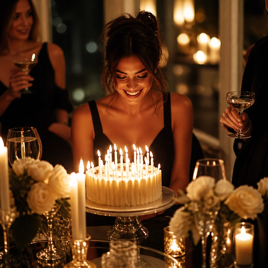 Candlelit evening birthday setup with glowing cake display and warm moody lighting