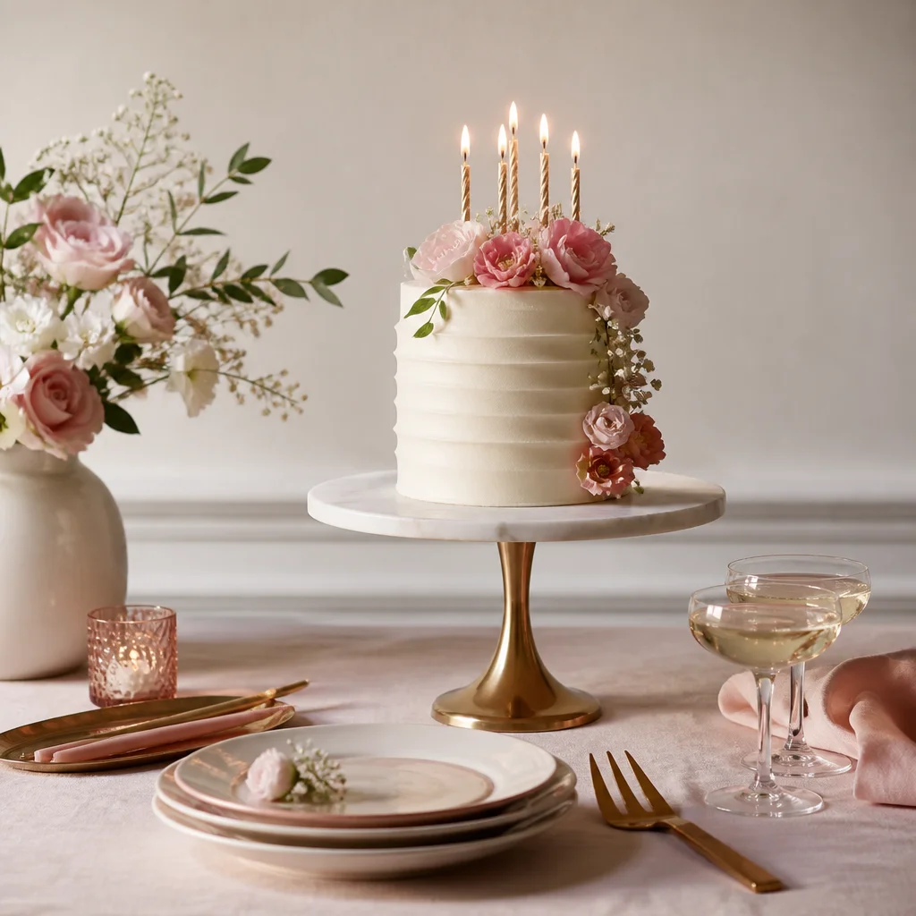Small elegant birthday cake presented on a tall stand with polished serving details