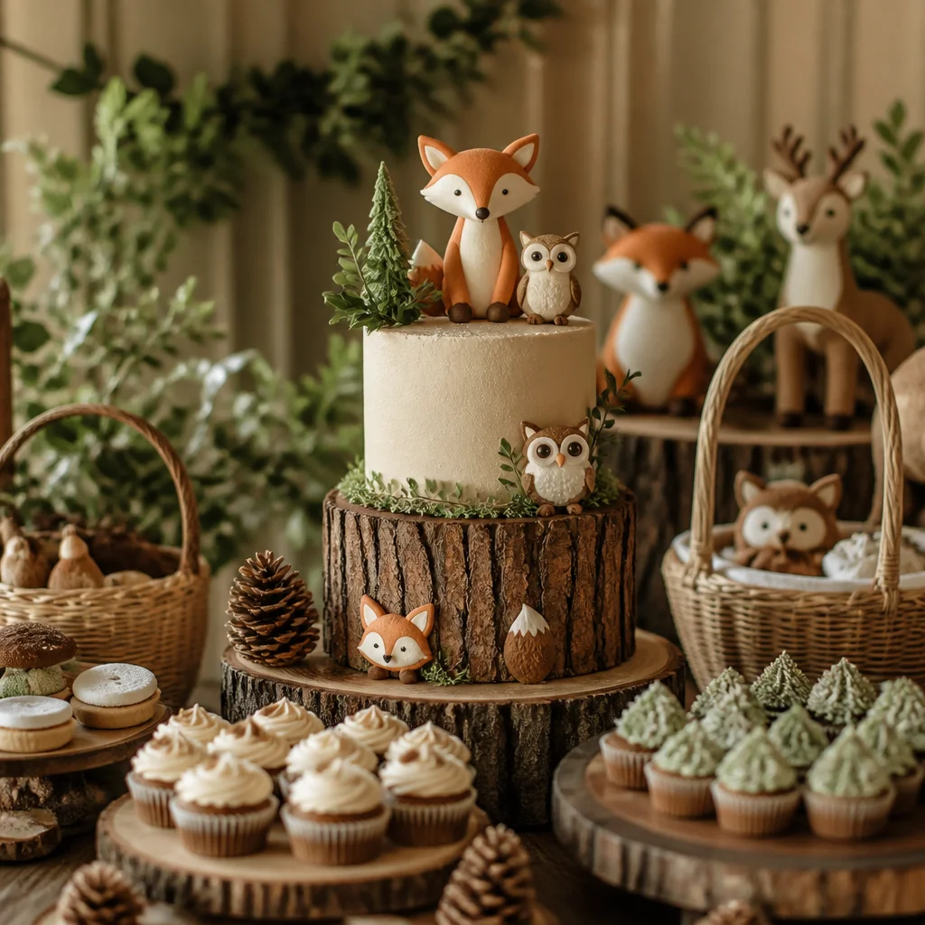 Woodland animal birthday cake on a forest-themed dessert table with greenery and plush creatures
