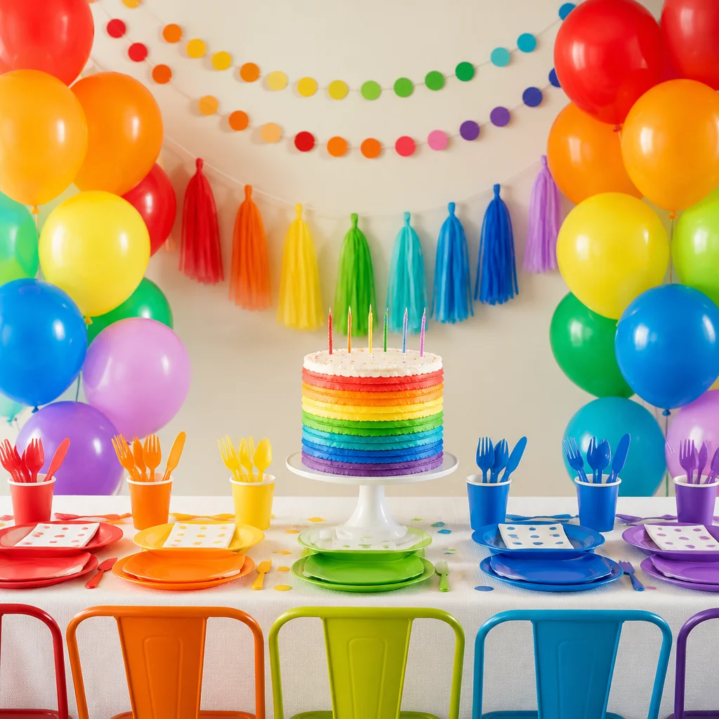 Bright rainbow layer cake with coordinated colorful party table decorations and balloons