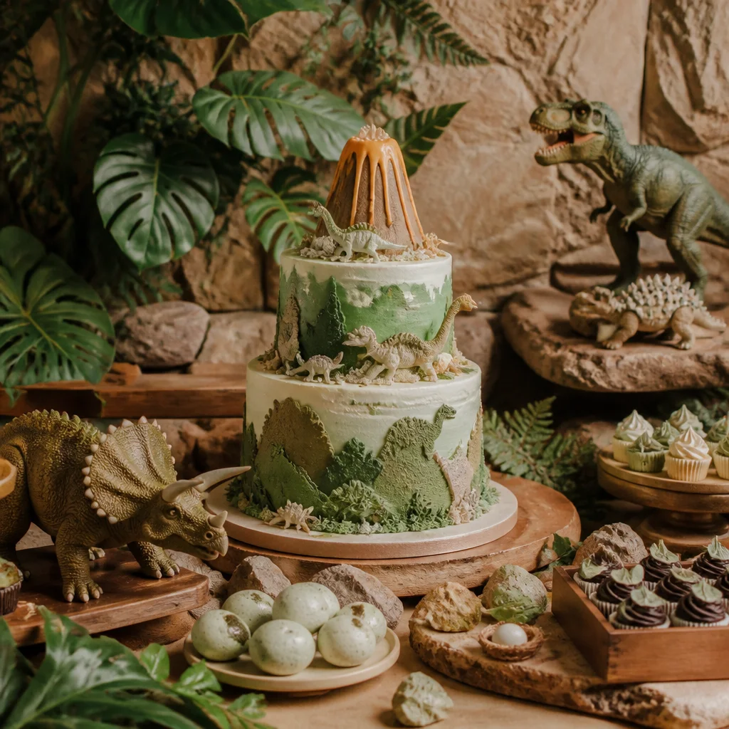 Dinosaur birthday cake surrounded by jungle leaves, toy dinosaurs, and prehistoric party treats