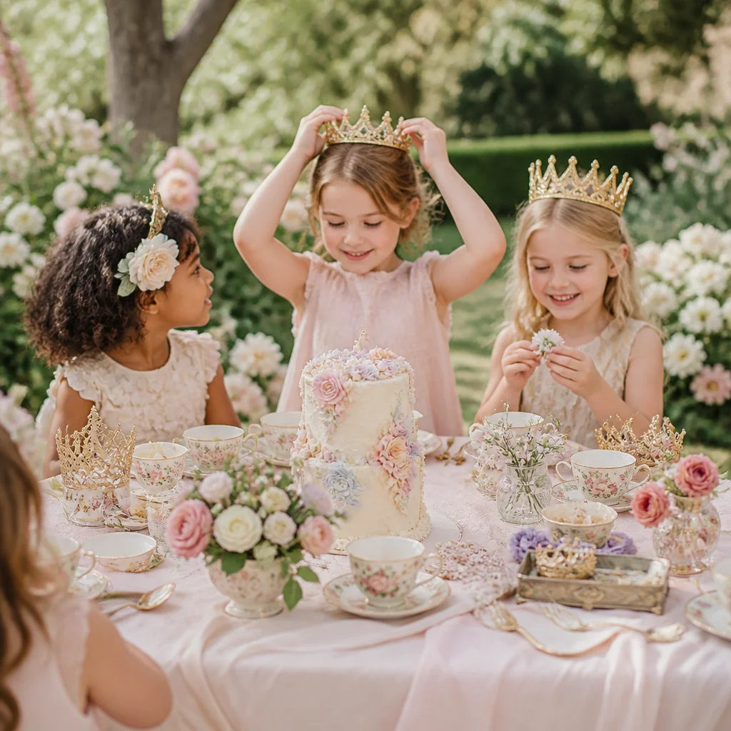 Pastel princess garden tea party with floral cake, small tea sets, and crown craft details