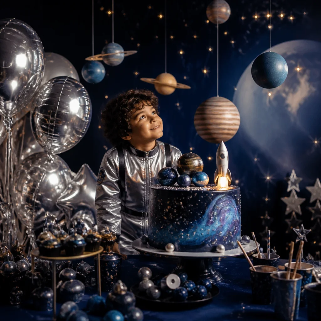 Galaxy birthday cake with planets, stars, silver balloons, and a space-themed party table