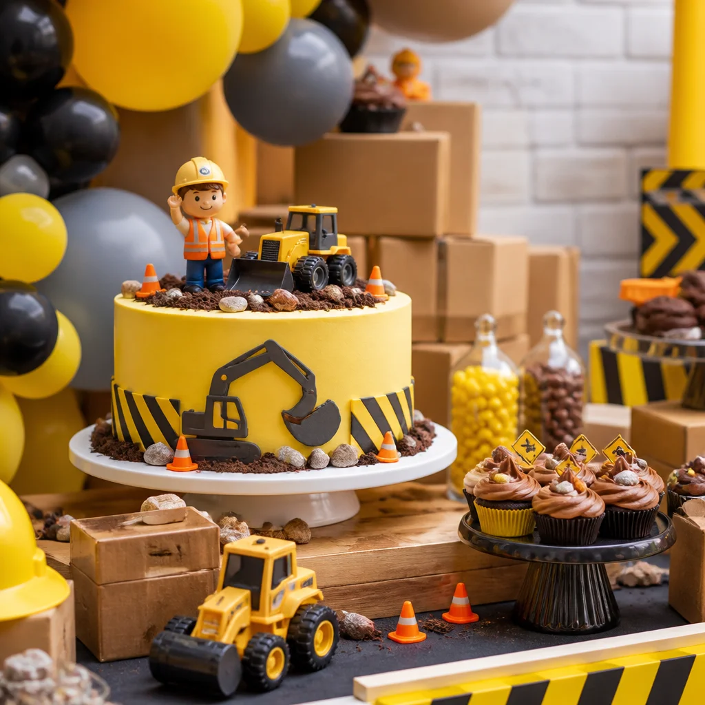 Construction birthday cake with toy trucks, caution colors, and builder-themed dessert table props