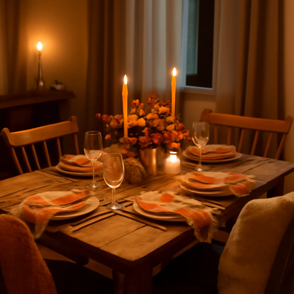 Cozy autumn dining area with plaid napkins and candlelight