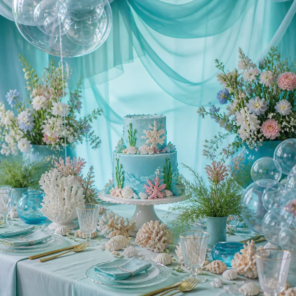 Ocean-themed birthday cake with wave details, seashell accents, and blue underwater party decor