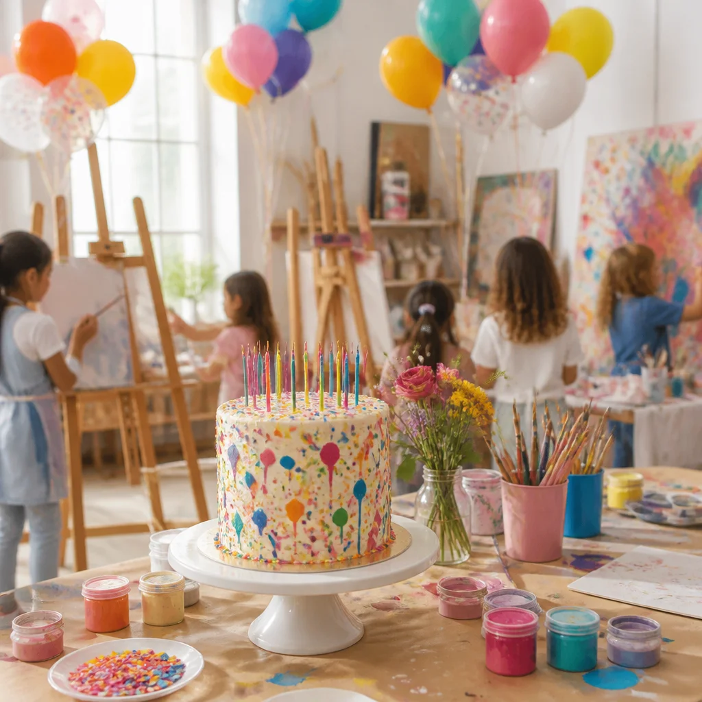 Art-themed birthday cake with paint-inspired decoration beside easels and creative craft tables